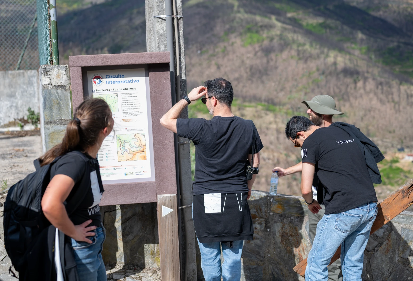 Whitesmith team reading a trail map on a hike