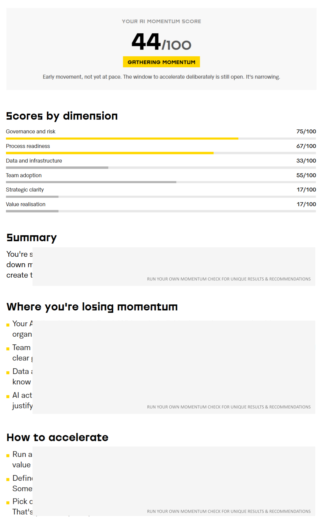Sample AI Momentum Check result: an overall momentum score, six dimension scores, and a written analysis with recommended next moves.